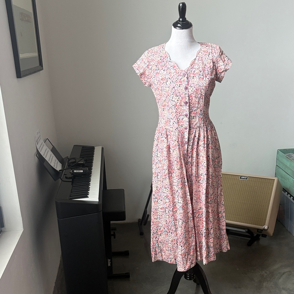 VINTAGE CAROL ANDERSON Floral Button-Front Midi Dress in Pink